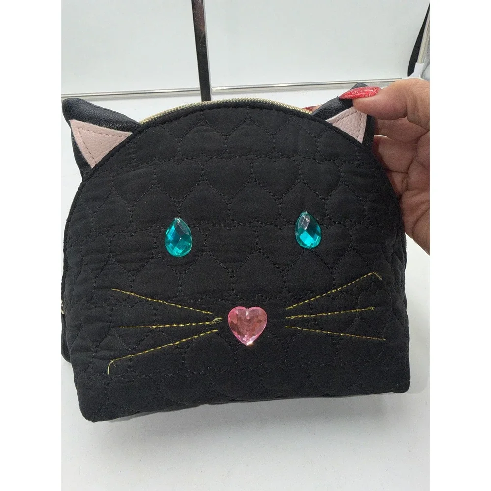 Betsey Johnson Black Quilted Heart Cat Face Cosmetic Bag Rhinestone Eyes Pouch